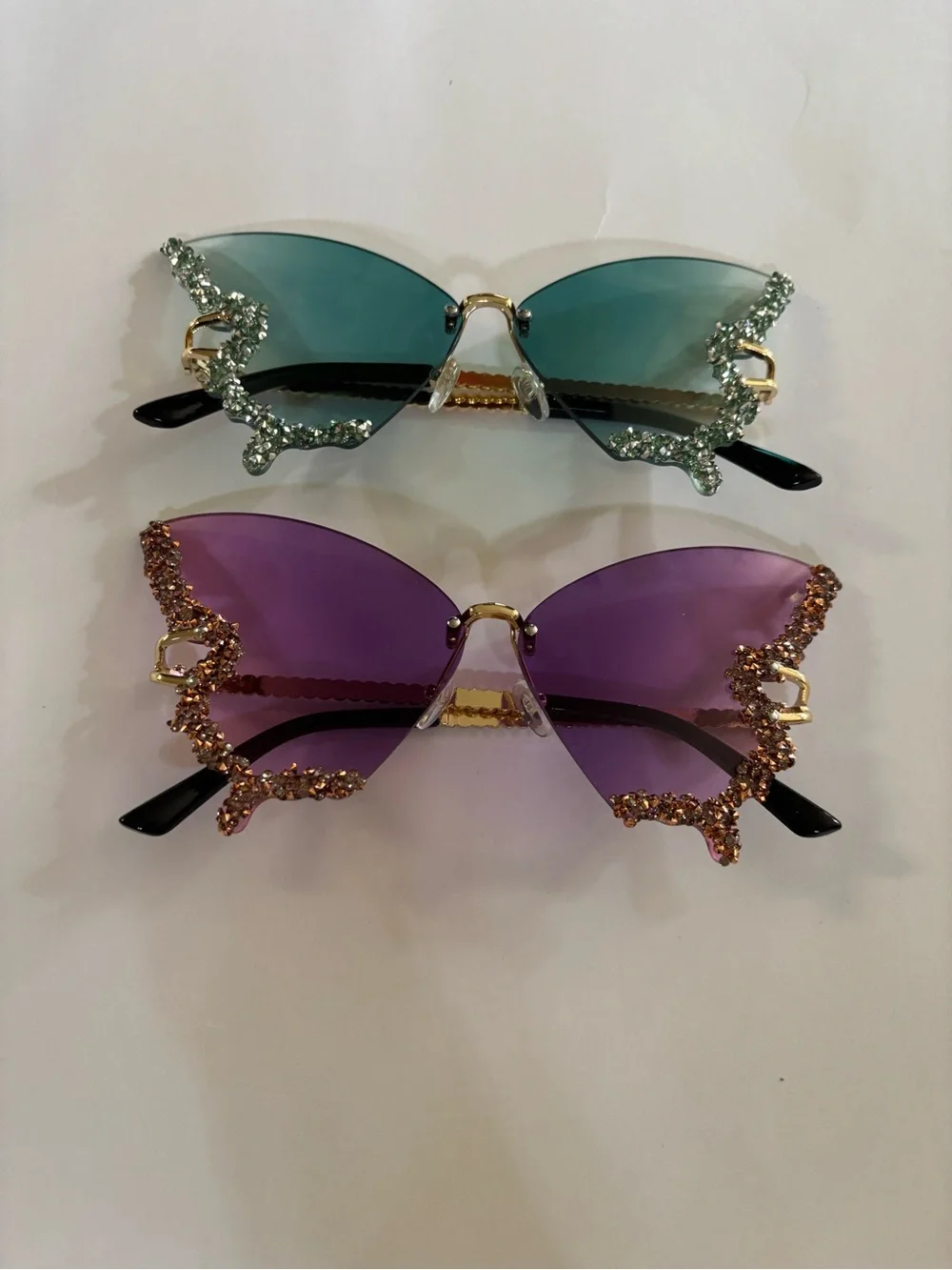 Rhinestone Butterfly Sunglasses in Purple and Teal — Glam Statement Shades